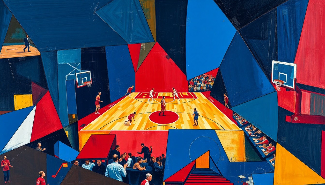 A cubist, geometric painting depicting a basketball game broken down into sharp, overlapping planes of navy, crimson, and gold, conveying the intense physicality and energy of the Rockets' performance.
