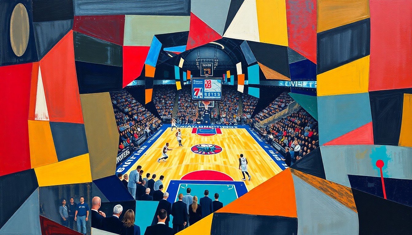 A fragmented, multi-angled painting depicting a basketball game, with the players and court broken down into sharp, overlapping geometric shapes and planes in a cubist style, capturing the intensity and energy of the matchup.
