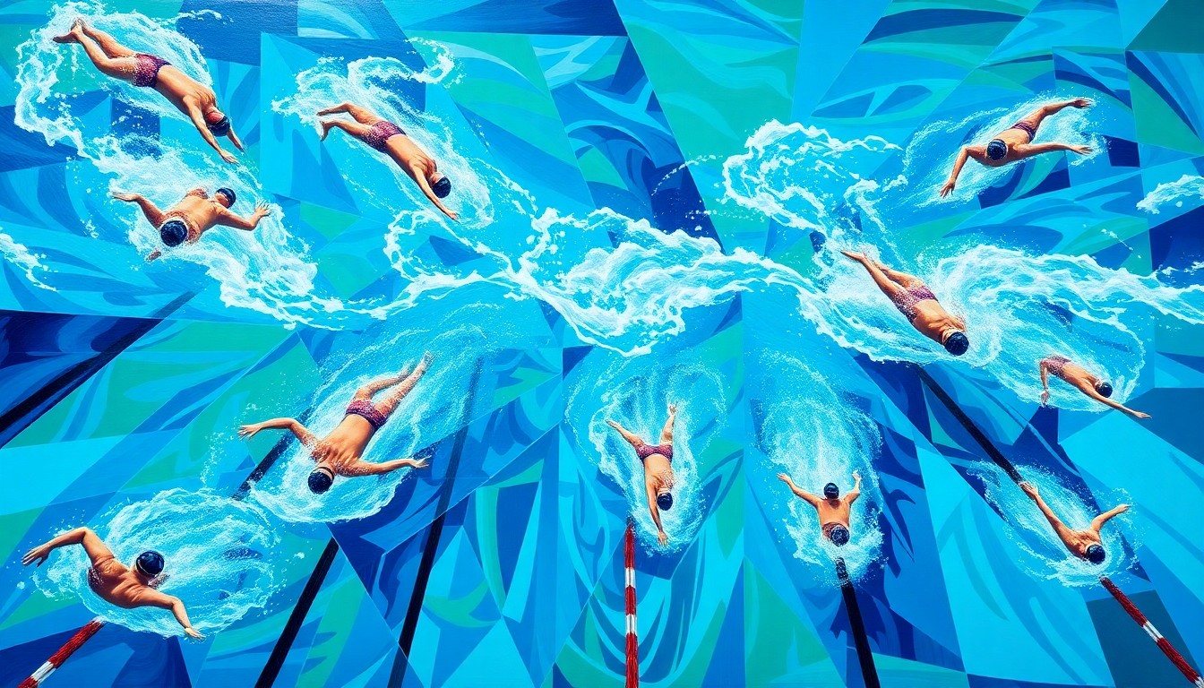 A fractured, multi-perspective painting in a cubist style, breaking down the movements of swimmers into sharp, overlapping geometric planes of vibrant blues, greens, and whites, capturing the raw energy and motion of a high school swim meet.
