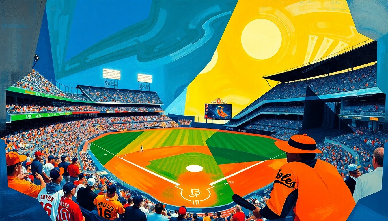 A fragmented, geometric painting depicting a baseball game in progress, with sharp planes of color representing the players, field, and stadium elements.