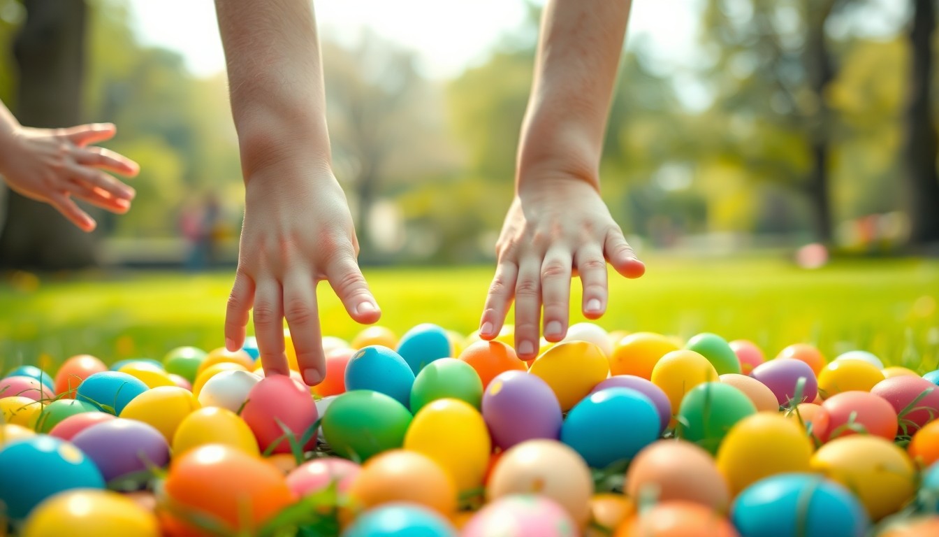 An abstract, impressionistic scene of children's hands reaching into a pile of brightly colored Easter eggs, with a blurred background of park foliage and a hazy, sunlit sky.