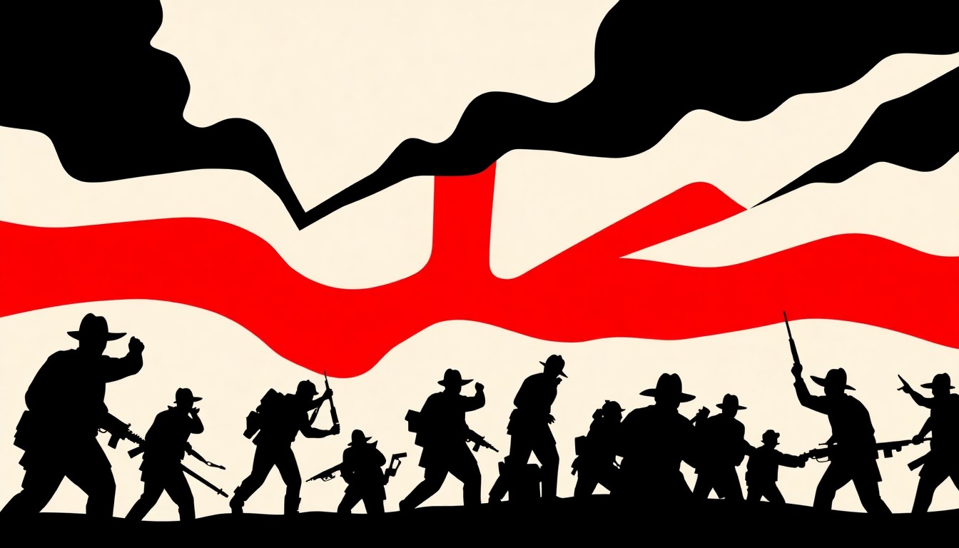 A minimalist, abstract illustration featuring stark black silhouettes of soldiers, rifles, and other war-related imagery, set against a high-contrast background of bold red and white shapes, capturing the themes of the American Civil War in a conceptual, graphic style.