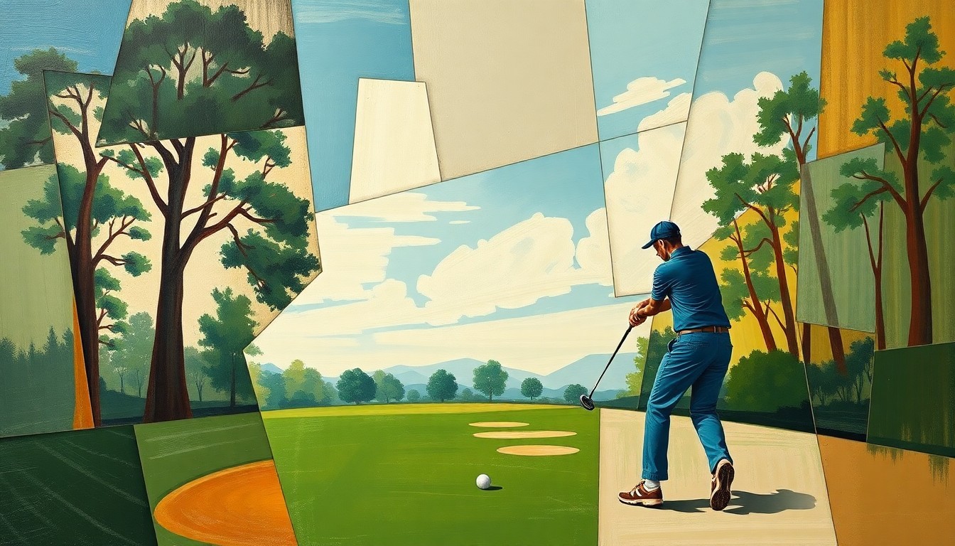 A fragmented, geometric painting depicting the dynamic action and multiple perspectives of a boys golf competition, with sharp planes of green, blue, and tan shapes overlapping to create an abstract, deconstructed visual.