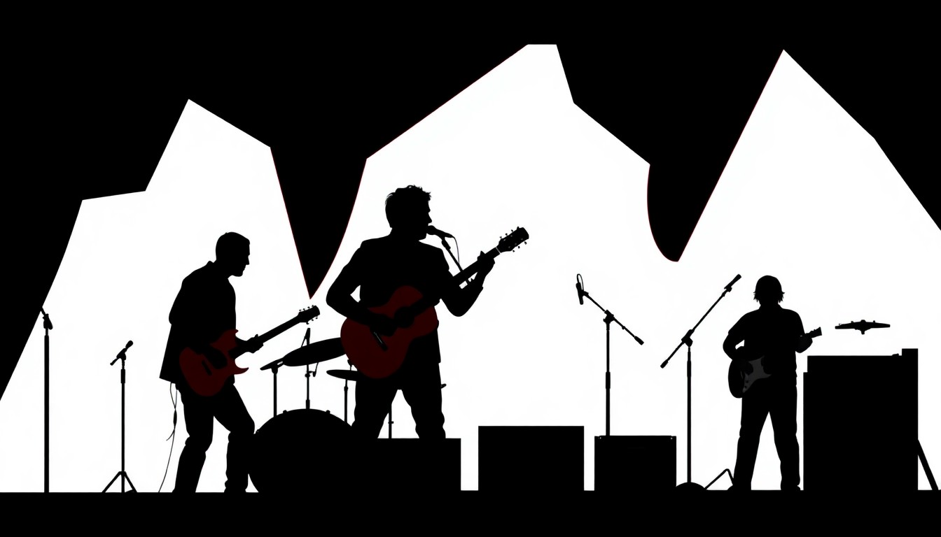 A striking, abstract illustration featuring bold, jagged shapes and silhouettes in high-contrast red and white, conceptually representing an outdoor live music performance.