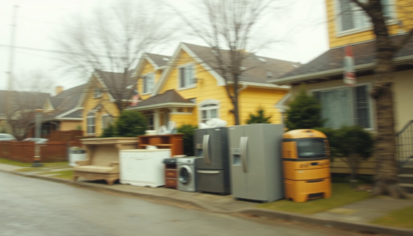 An abstract, out-of-focus scene of a residential street with bulky items like furniture and appliances placed at the curb, captured in a warm palette of muted browns, yellows, and greens, conceptually representing the community-wide spring cleaning effort.