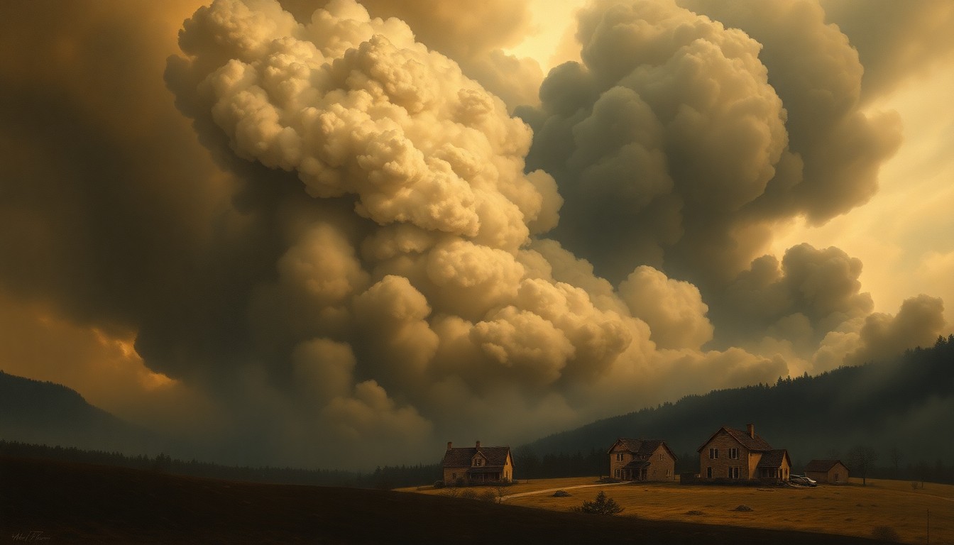 A sweeping, atmospheric landscape painting depicting a massive cloud of thick, dark smoke obscuring the details of three damaged homes, conveying the overwhelming scale and power of an early morning fire in a residential area.