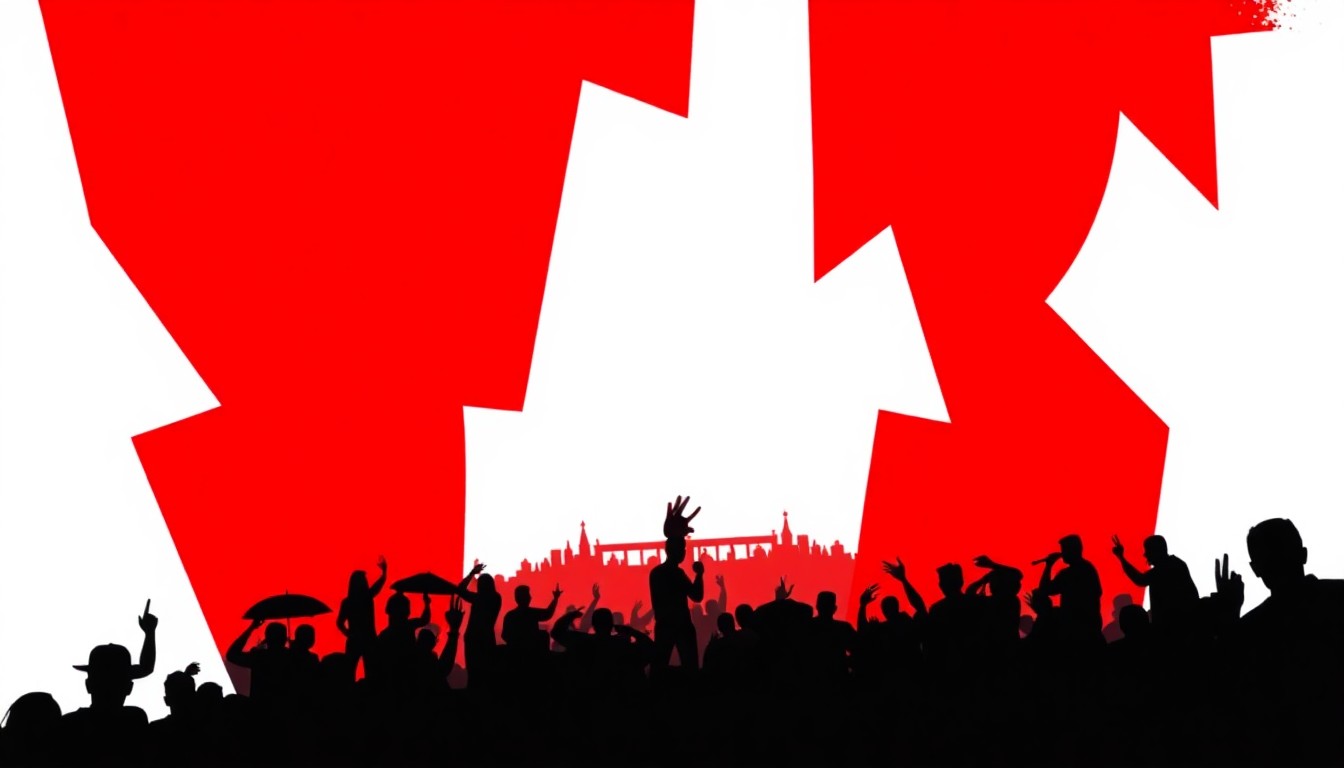 An abstract, minimalist illustration featuring bold, jagged shapes in red and white, conceptually representing the energy and spirit of a music festival.