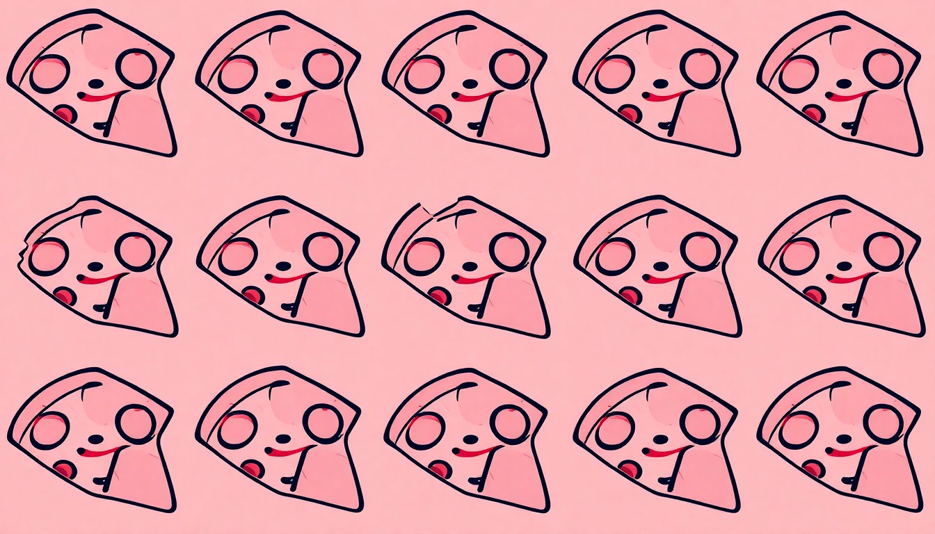 A brightly colored, high-contrast silkscreen print of a single pizza slice repeated in a tight grid pattern, using flat, unnatural neon colors and heavy black outlines to transform an everyday food item into a modern pop art illustration.