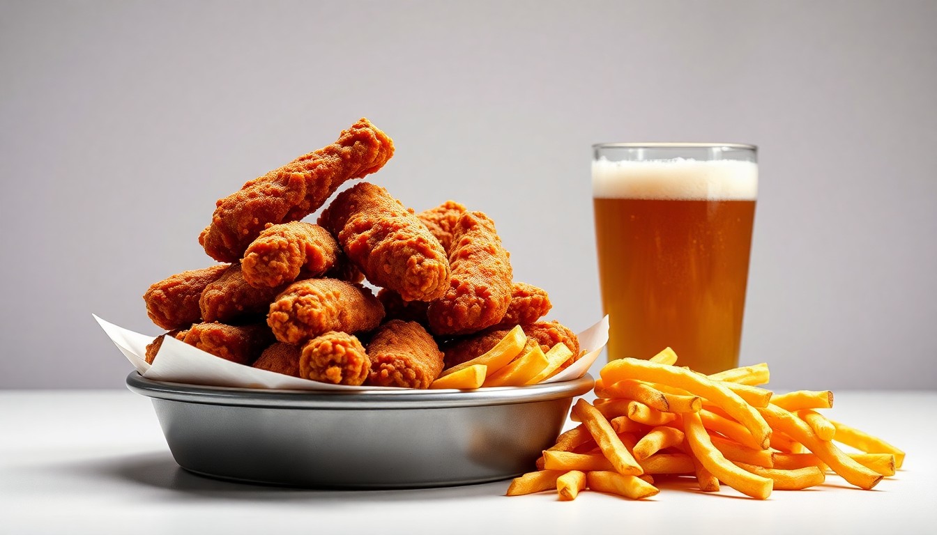 A photorealistic studio still life featuring a stack of crispy chicken wings, a pile of golden french fries, and a glass of craft beer, symbolizing the premium quality and indulgence of Wingstop's menu.