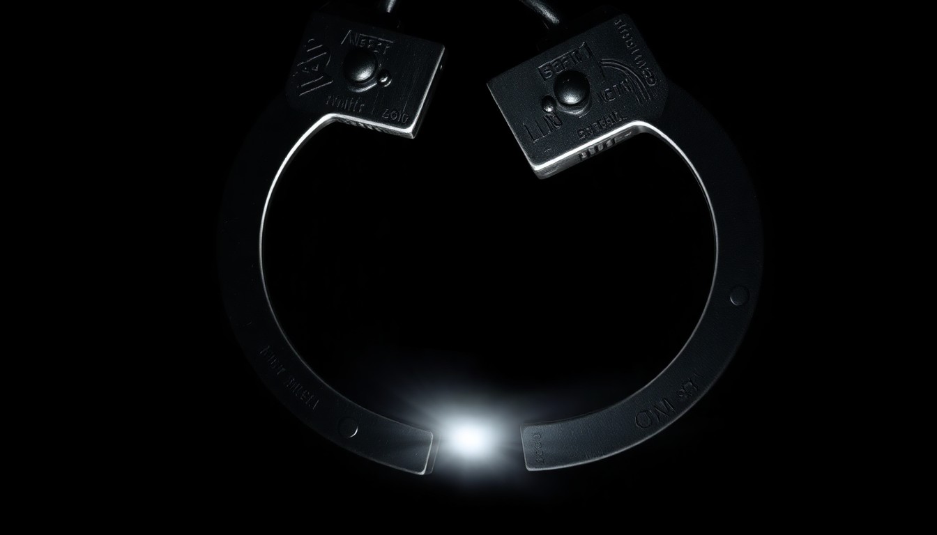 An extreme close-up photograph of a set of handcuffs against a pitch-black background, the metal reflecting the harsh light of the camera flash in a stark, gritty manner.