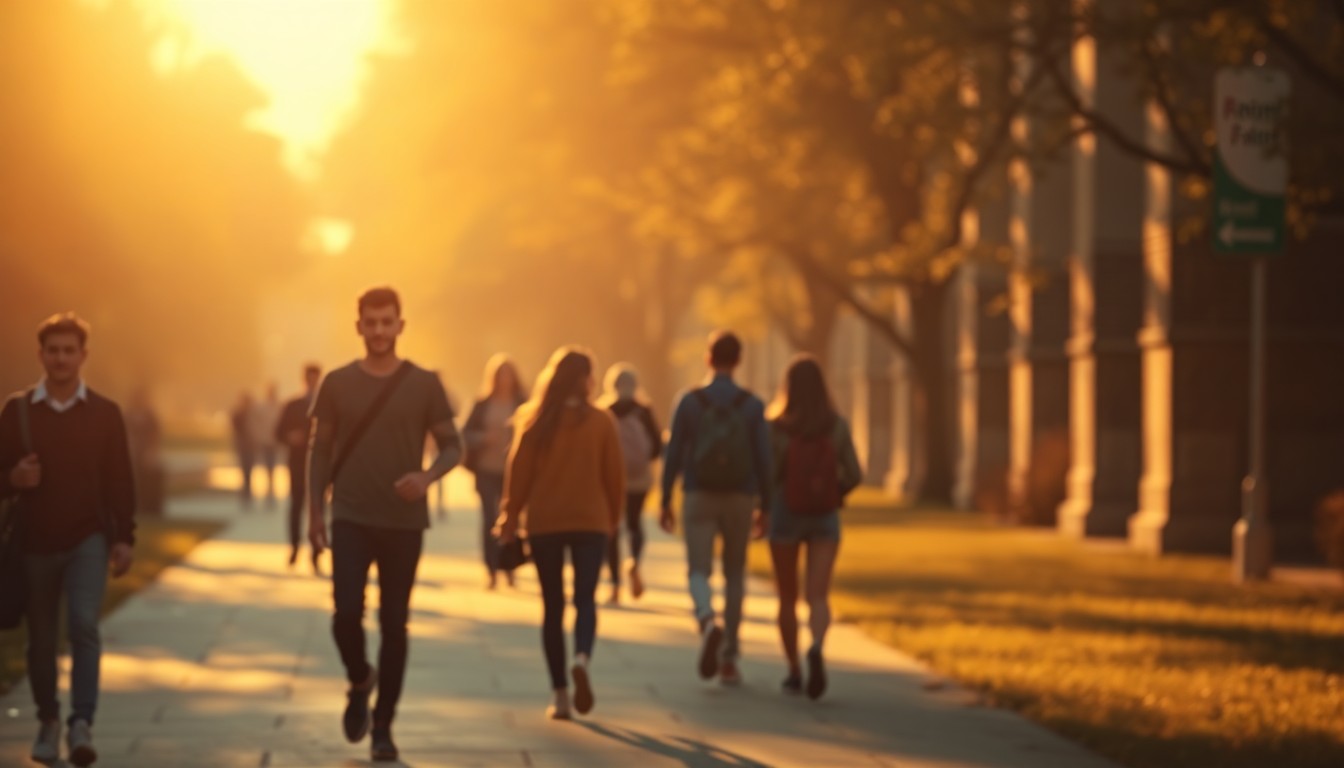 An abstract, impressionistic photograph of students walking across a college campus, with blurred figures and vibrant splashes of warm light and color creating a dreamlike, atmospheric scene.