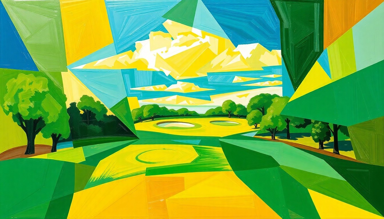 A fragmented, geometric painting depicting overlapping planes of color and shape, representing the complex dynamics of a college golf tournament.