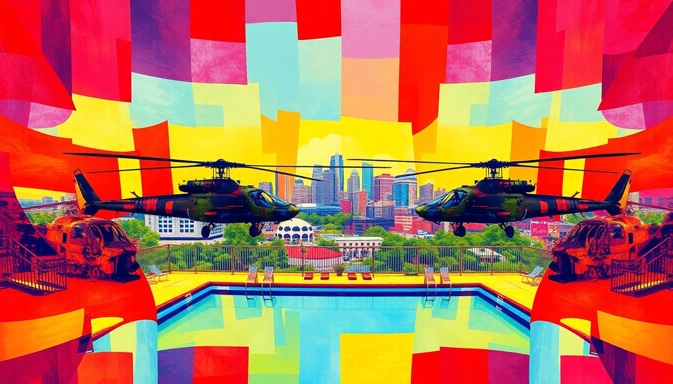 A dynamic, abstract painting depicting two military helicopters hovering over a swimming pool, with the cityscape in the background, conveying the fractured, high-energy nature of the incident.