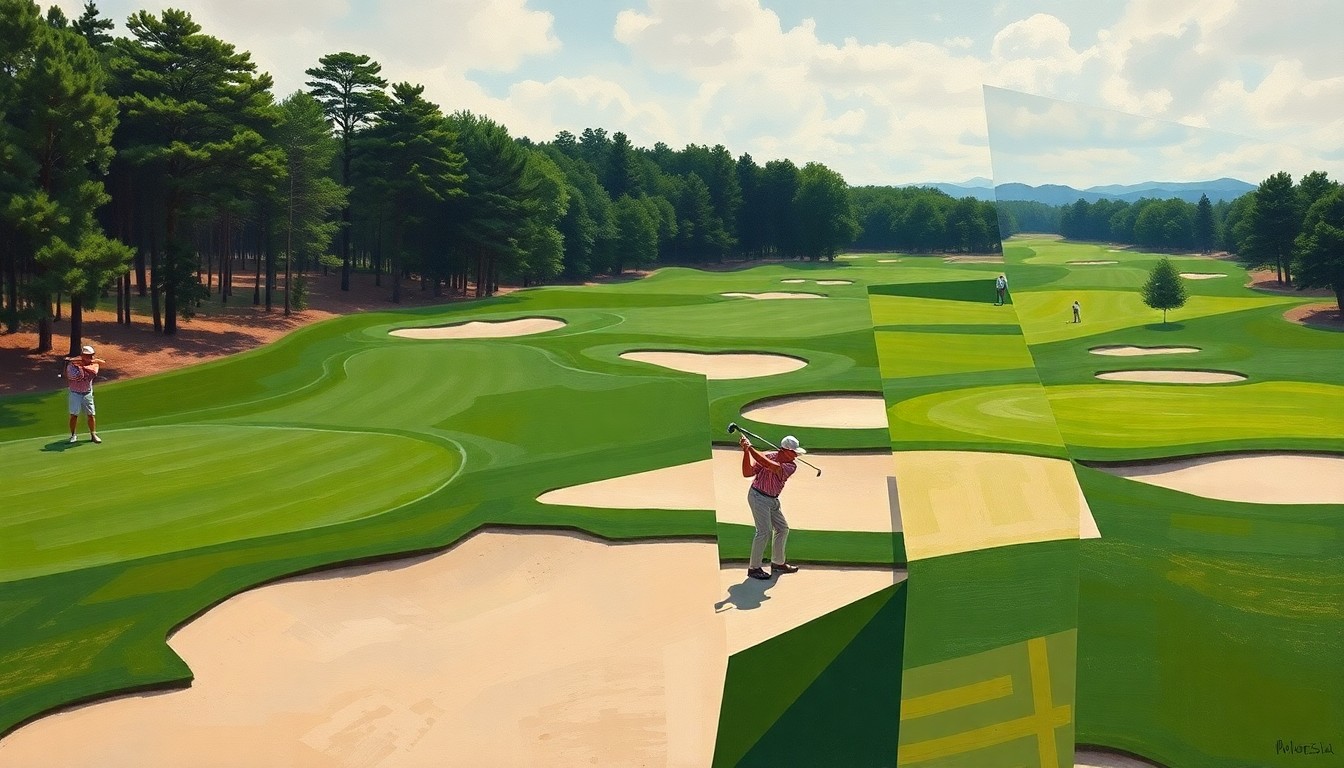 A cubist, geometric painting depicting a high school golf tournament, with overlapping planes of green fairways, sand traps, and golfers in mid-swing, conveying the dynamic energy and competition of the event.