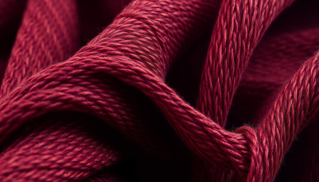An extreme close-up photograph of tightly woven, textured fabric in deep, earthy tones of burgundy, ochre, and charcoal, with dramatic high-contrast studio lighting creating a sense of luxurious, high-fashion glamour.