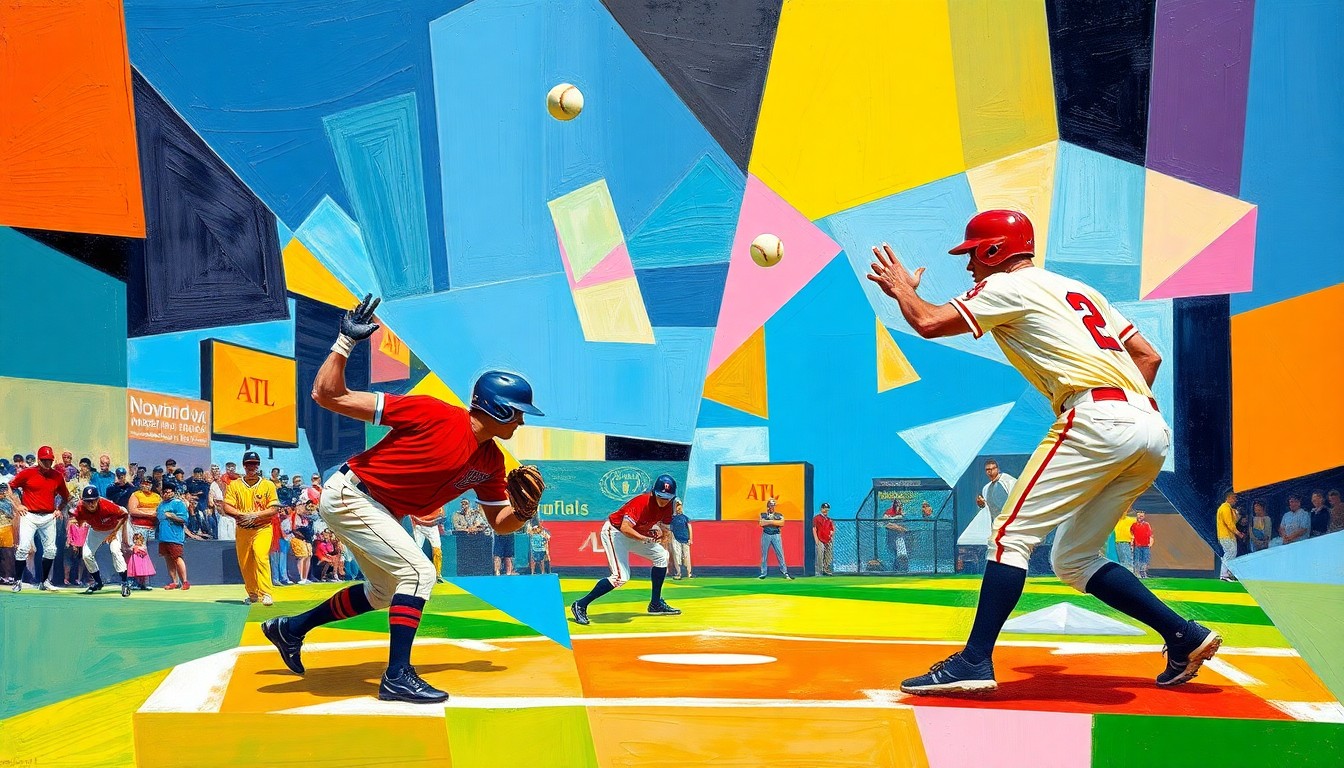 A cubist, geometric painting depicting a softball game, with the competing teams' uniforms and players fractured into sharp, overlapping planes of color.