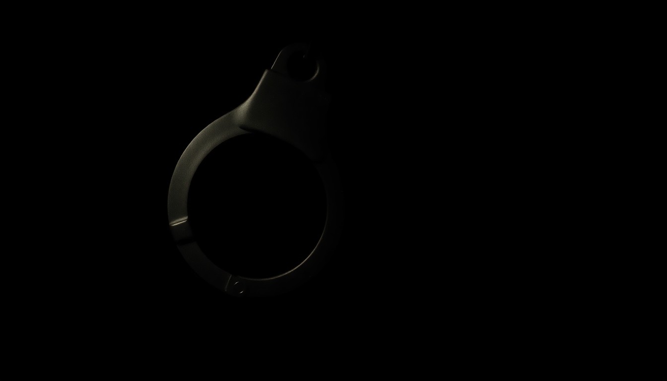An extreme close-up photograph of a single handcuff, capturing the stark, gritty, and investigative nature of the case surrounding the death of a prominent public figure.