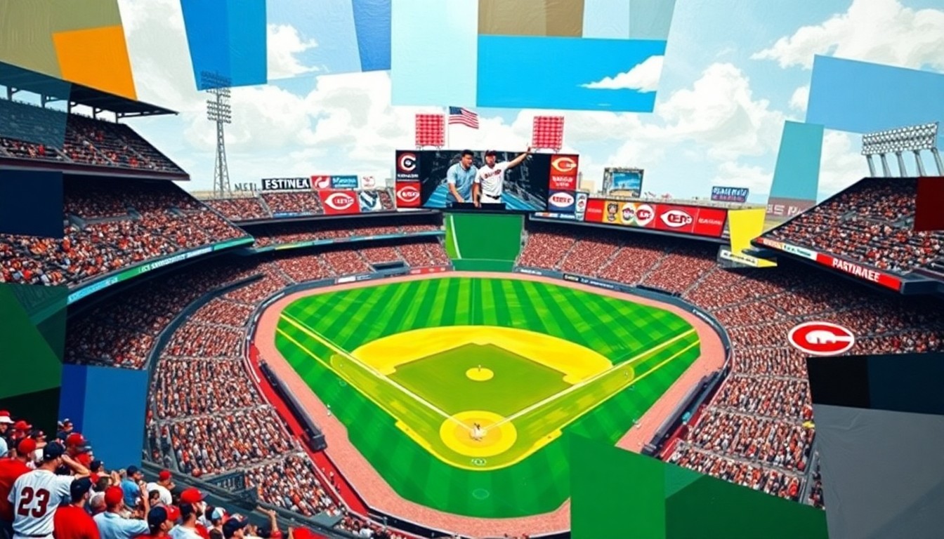 A fragmented, geometric painting in bold colors depicting a baseball game between two teams, with no identifiable players or logos, conveying the conceptual energy and competitive spirit of the matchup.