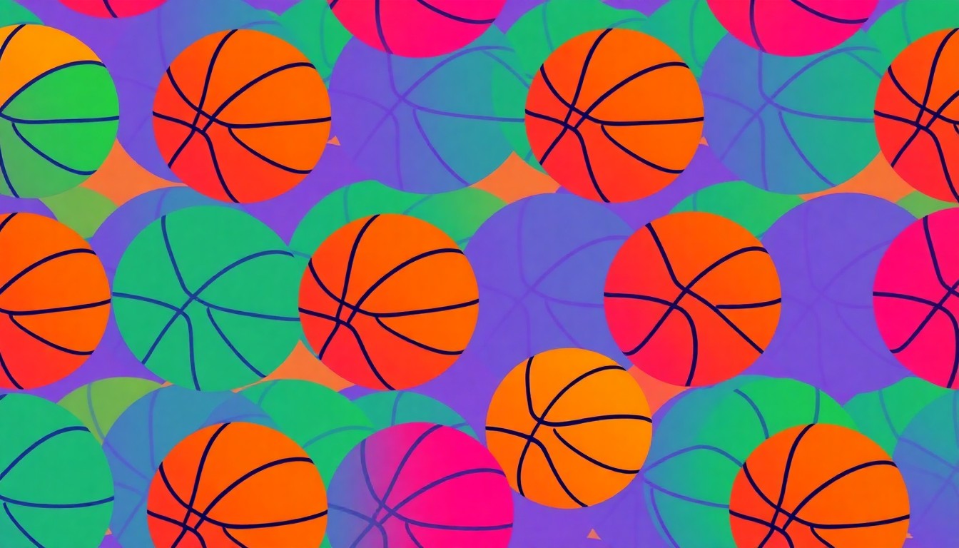 A high-contrast, silkscreen-style illustration featuring a basketball icon repeated in a grid pattern, rendered in bright, neon-like colors that capture the energy and community spirit of Stanford's intramural sports program.