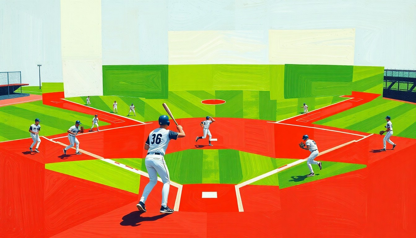 A fragmented, geometric painting depicting the dynamic movements and competing perspectives of a high school softball game, with sharp planes of green, red, and white.