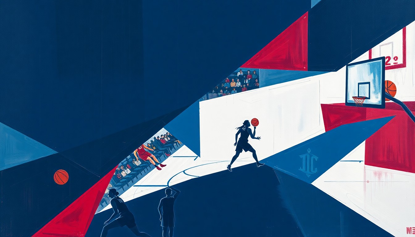 A cubist, geometric painting depicting the action and energy of a women's basketball game, with sharp, overlapping shapes in navy, red, and white representing the players and the court.