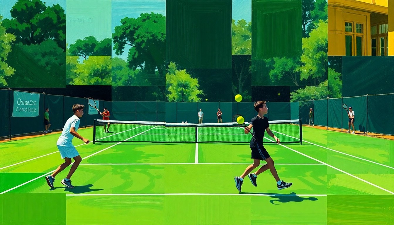A cubist, geometric painting depicting a boys tennis match, with bright green courts, yellow balls, and blurred player figures, conveying the dynamic energy and competitive spirit of the sport.
