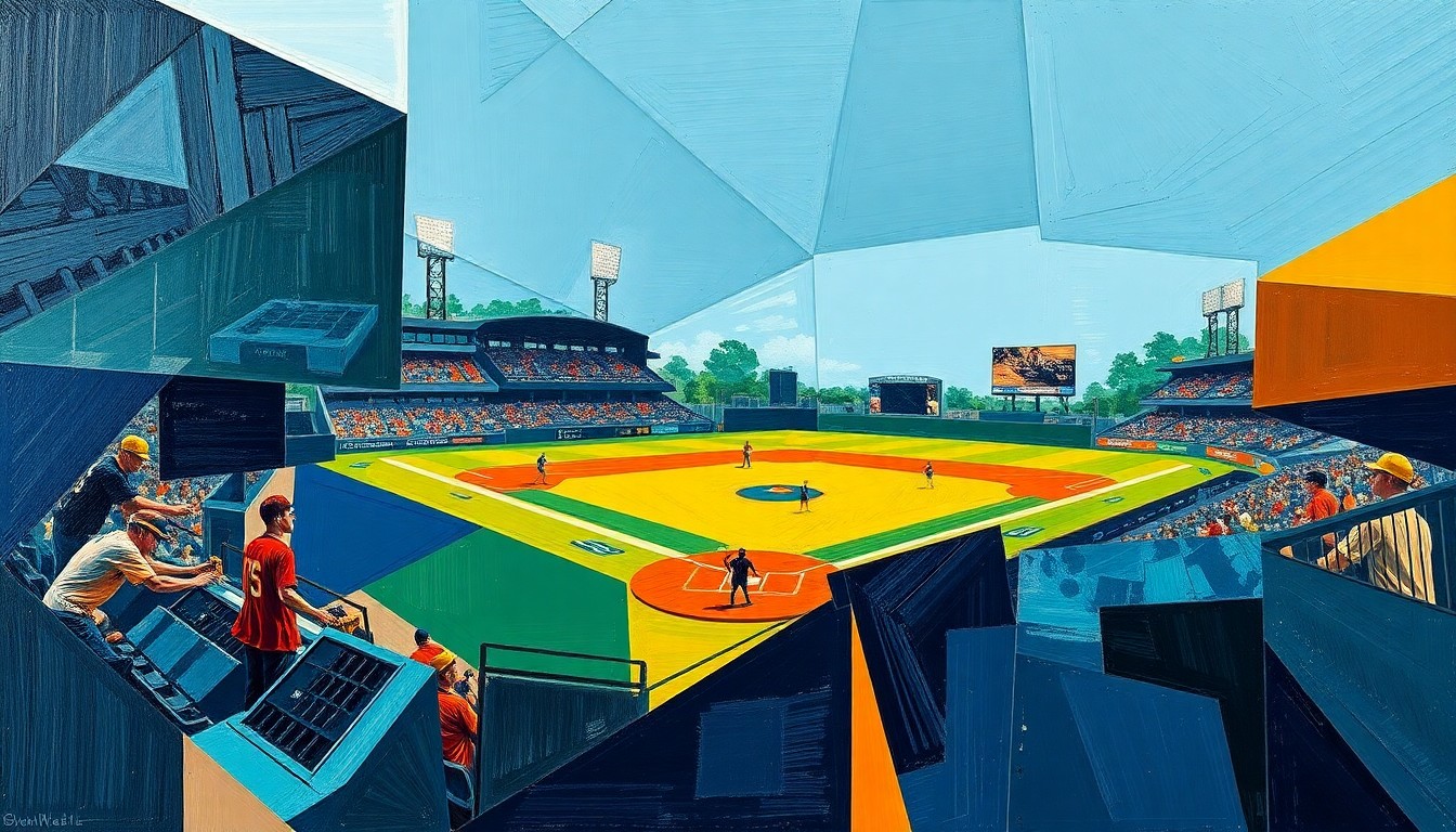 A cubist-style painting featuring sharp, angular shapes in shades of blue, green, and orange, capturing the energy and movement of a softball game in an abstract, deconstructed manner.