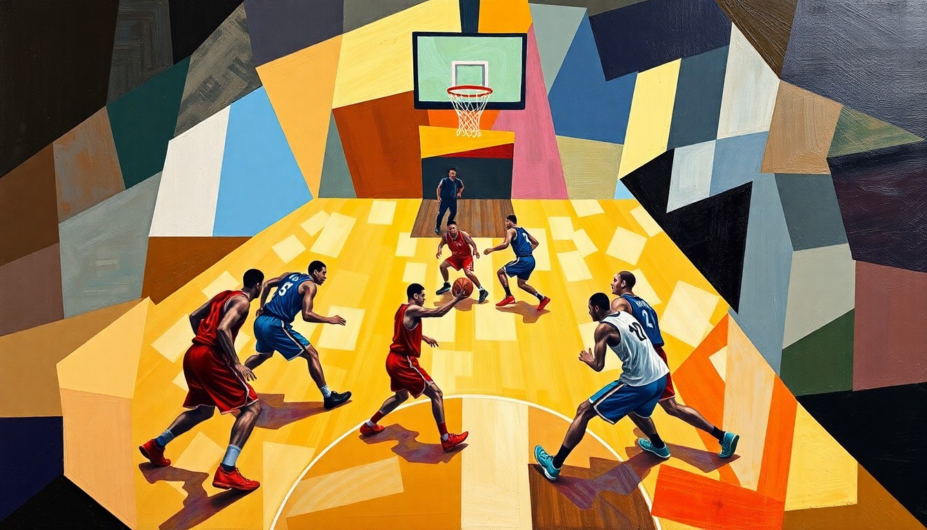 A cubist, geometric painting depicting a basketball game in abstract, fragmented shapes and planes of bright colors, capturing the intensity and dynamism of the Texas-Michigan matchup.