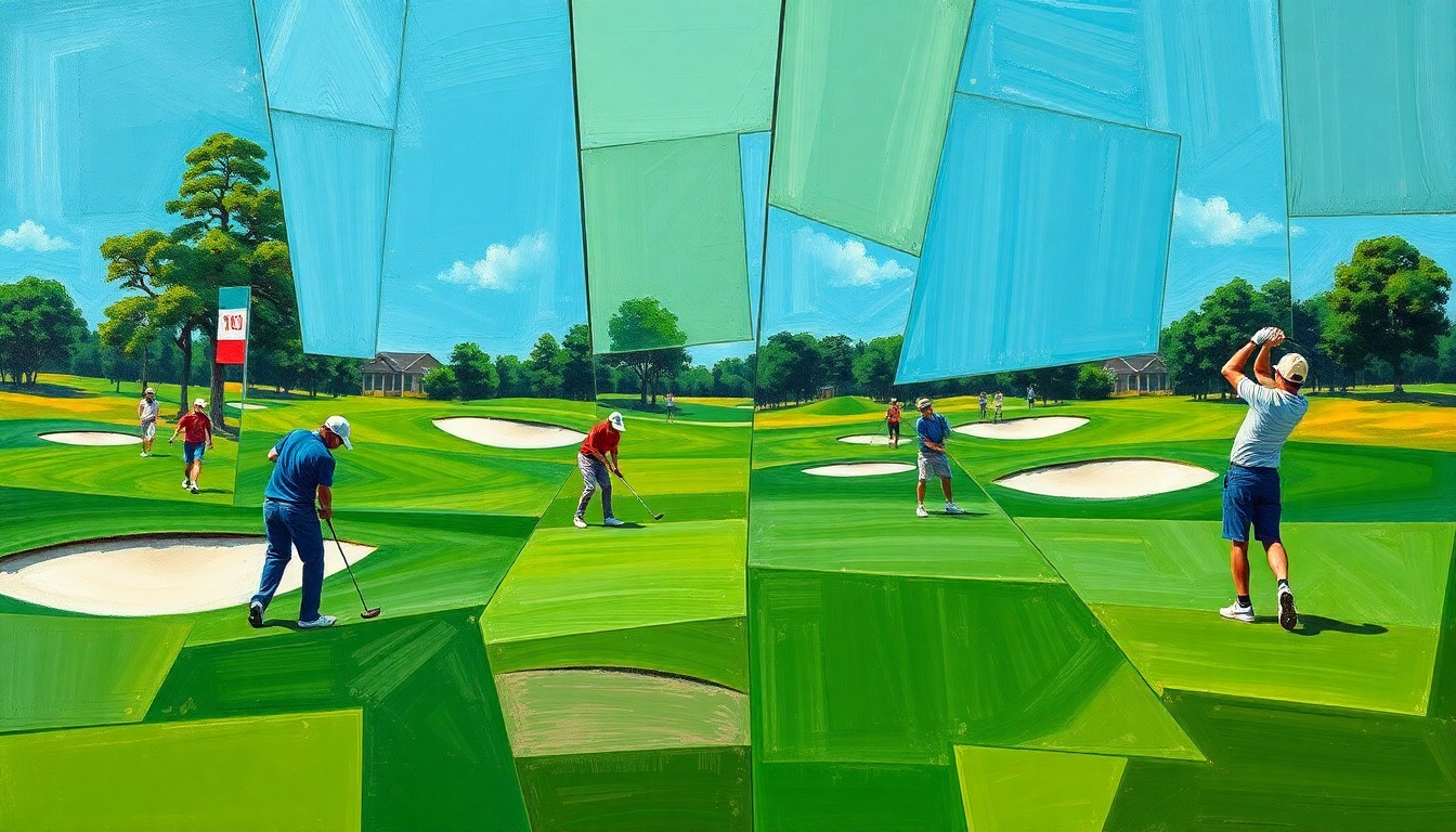 A cubist-style painting depicting a high school golf match, with the fairway, sand traps, and golfers in mid-swing broken down into sharp, overlapping geometric shapes and planes of color.