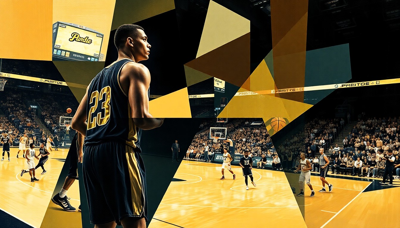 A cubist, geometric painting depicting a Purdue basketball game, with the players' figures broken down into abstract shapes and planes of color, capturing the energy and movement of the game.