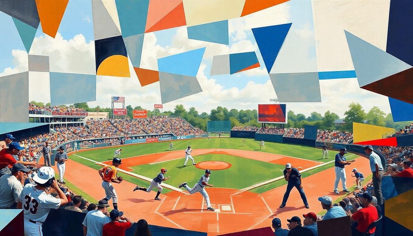 A fragmented, geometric painting in the style of Pablo Picasso, depicting a high school baseball game broken down into sharp, overlapping planes of color and form, capturing the raw athleticism and movement of the players on the field.