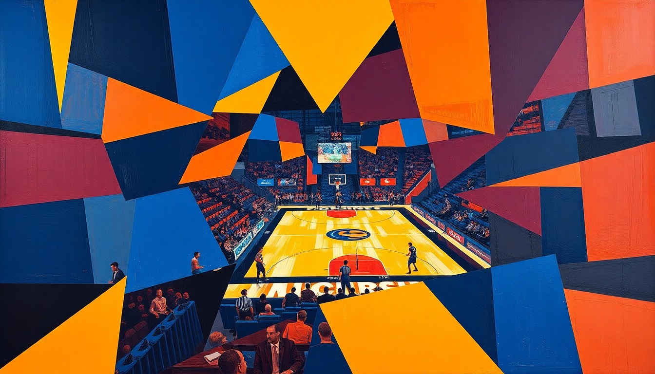 A cubist-style painting featuring sharp, overlapping geometric shapes in navy blue, bright orange, and deep maroon, conceptually representing the fast-paced action and intensity of a college basketball game.