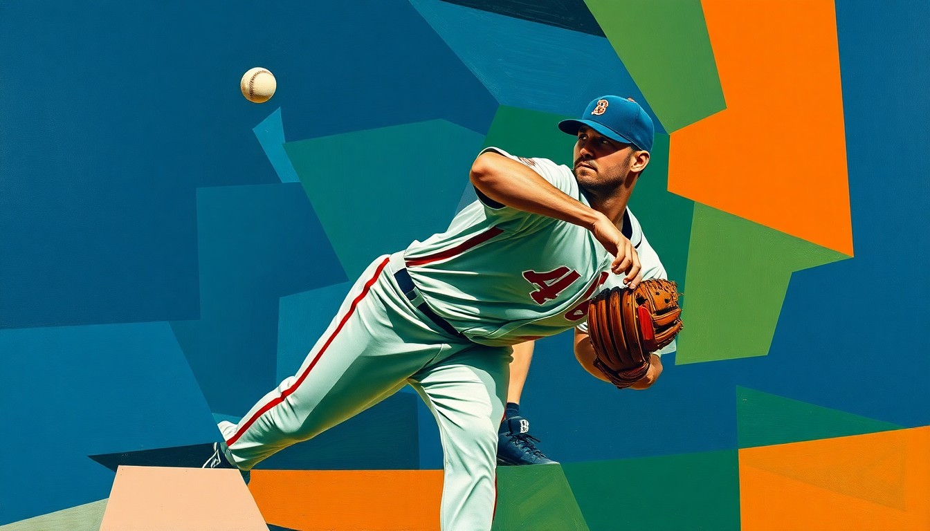 A fractured, cubist-style painting depicting the geometric motion and energy of a baseball pitcher's delivery, with sharp planes of navy, green, and orange.