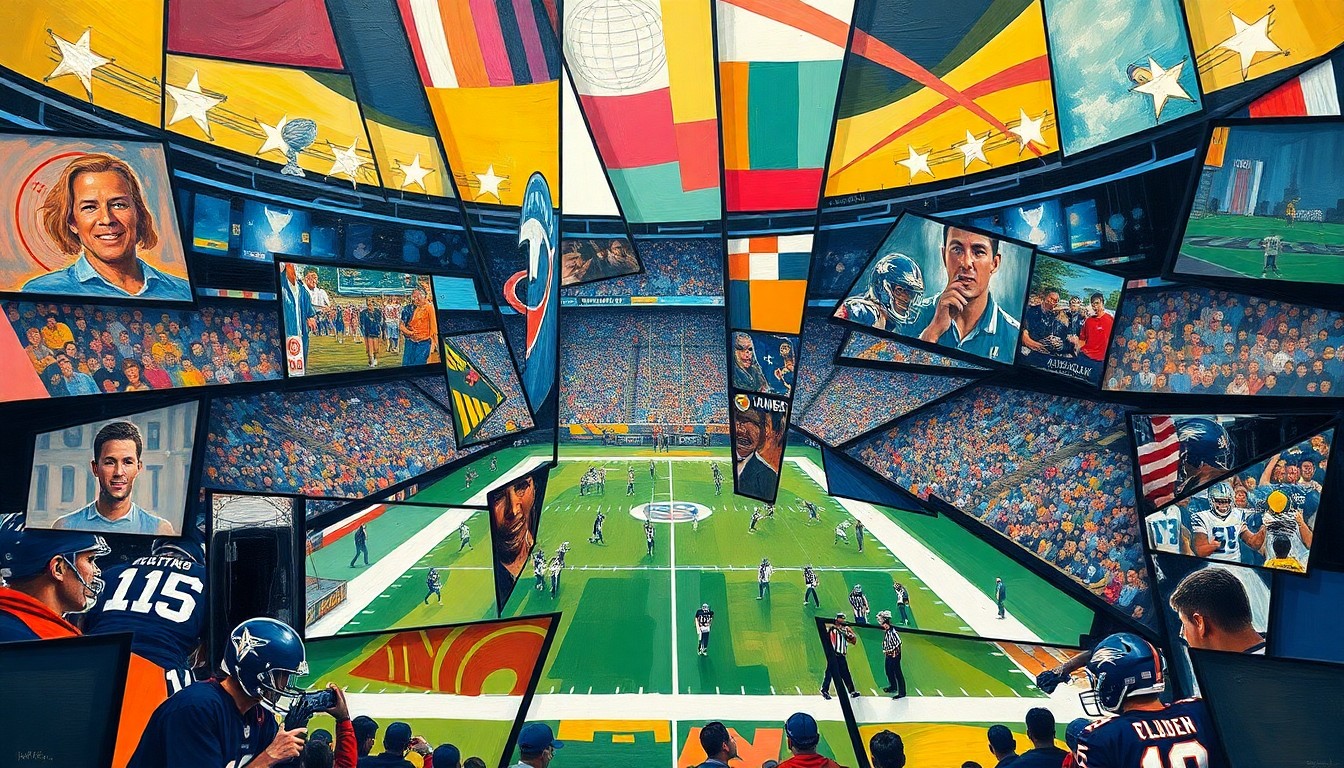 A fragmented, cubist-style painting depicting an abstract football scene, with sharp geometric shapes and planes of color representing the various elements of the game or draft process.