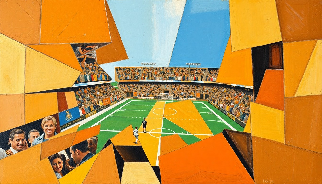 A fragmented, geometric painting in shades of brown, orange, and blue, depicting a football game or match broken down into sharp, overlapping planes, representing the complex and multi-faceted nature of the Browns' quarterback situation.