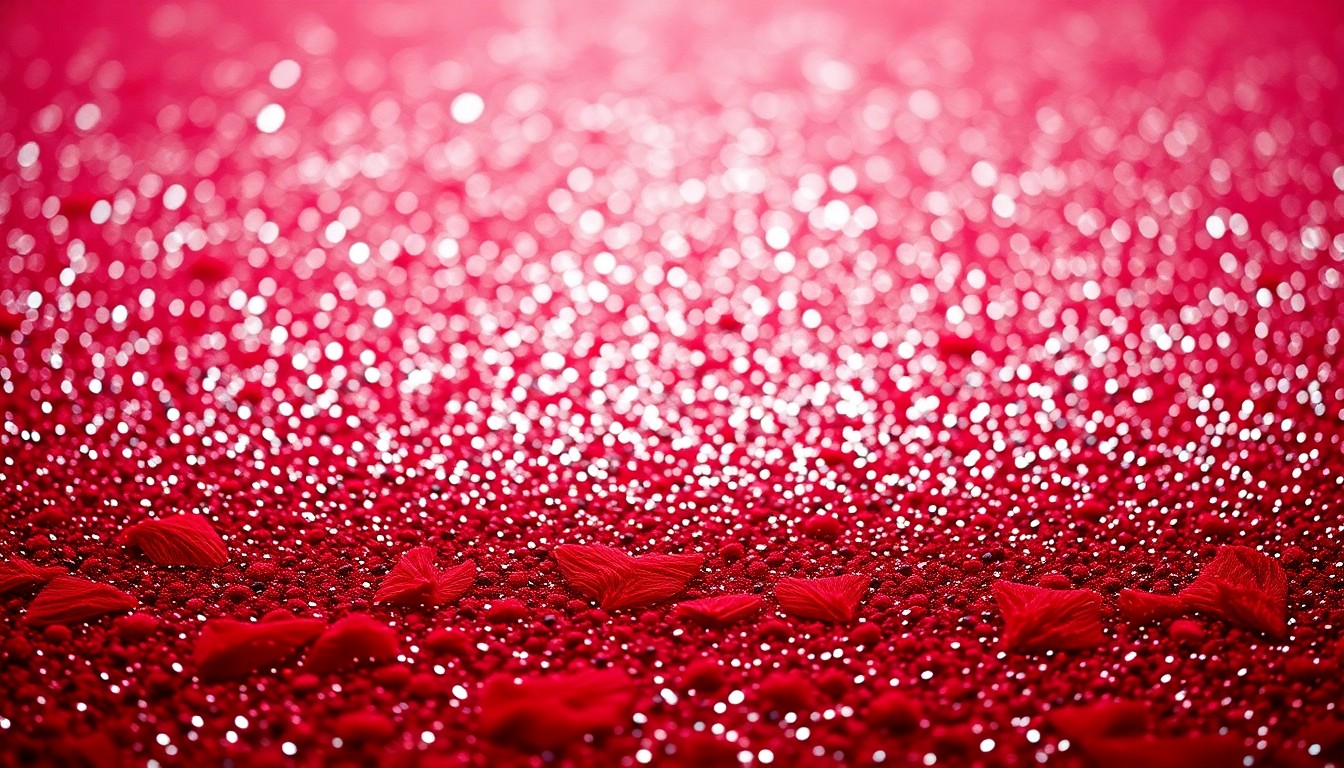 An extreme close-up photograph of a luxurious, glittering red carpet texture, capturing the glamour and prestige of the Hollywood entertainment industry.