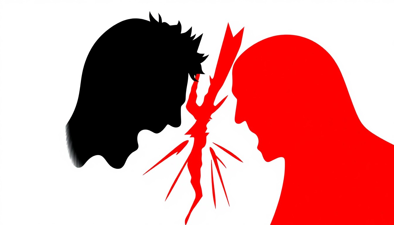 An abstract illustration using bold, jagged black silhouettes and high-contrast solid colors to conceptually represent the clash between two artists over a shared trademark.