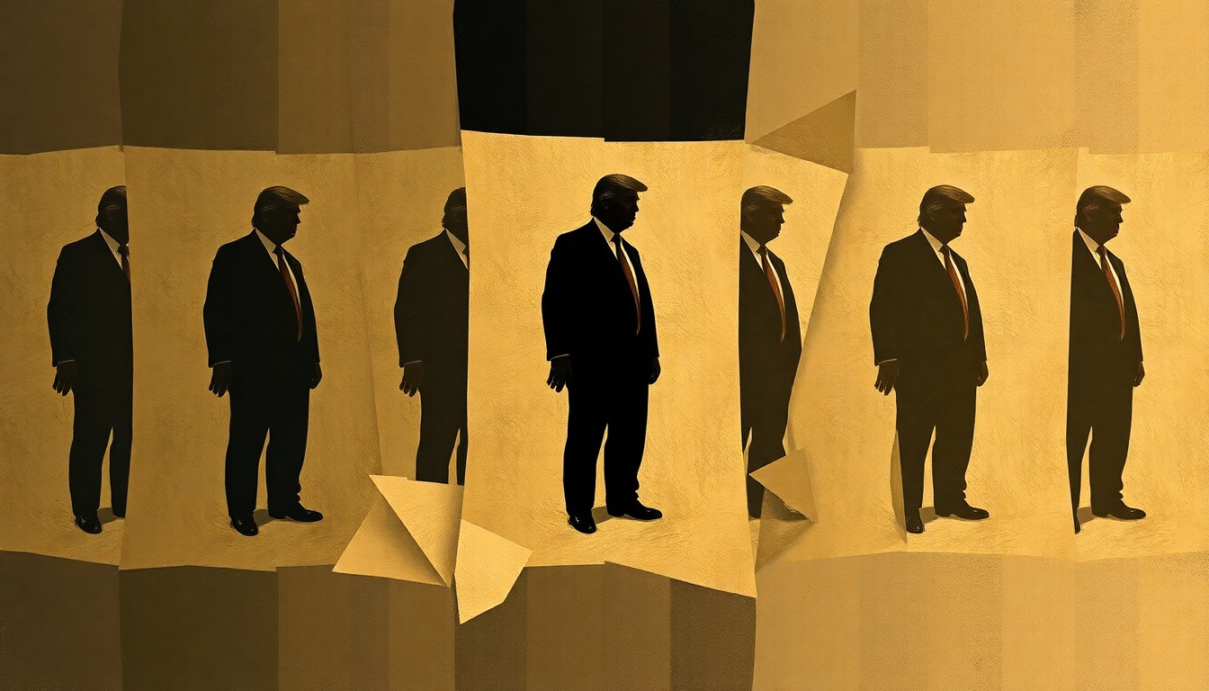 A heavily textured, fragmented painting in muted earth tones depicts a shadowy figure in a suit, representing the political hypocrisy and contradictions of Donald Trump.