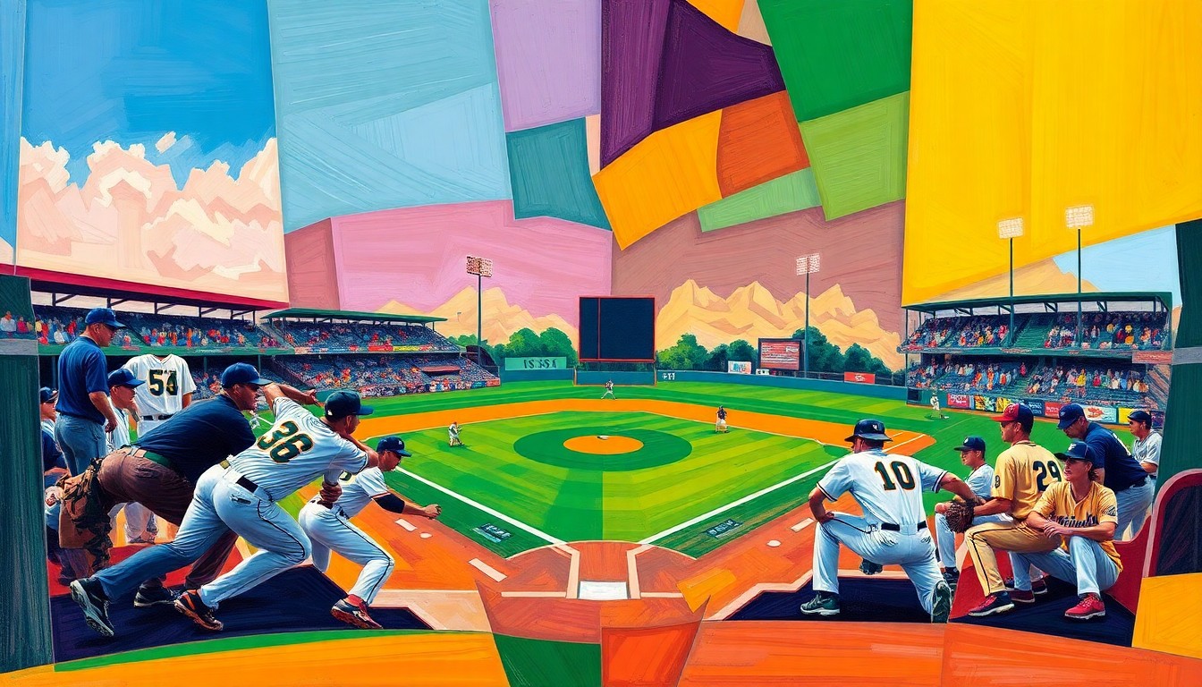 A fragmented, geometric painting in bold primary colors representing the competitive spirit and tactical complexity of a college baseball game between two rival teams.