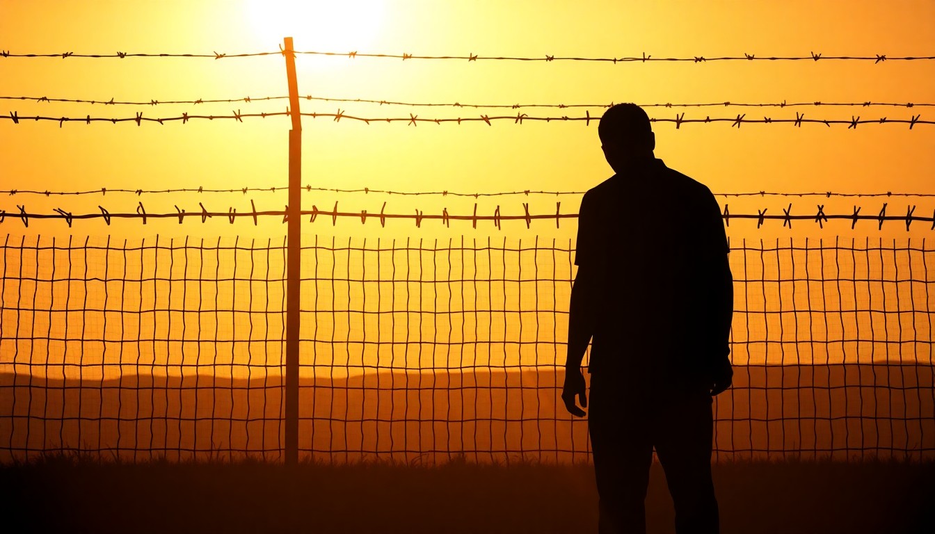 A moody, cinematic painting depicting a lone figure standing before a barbed wire fence, the scene bathed in warm, dramatic lighting that evokes a sense of isolation and despair.