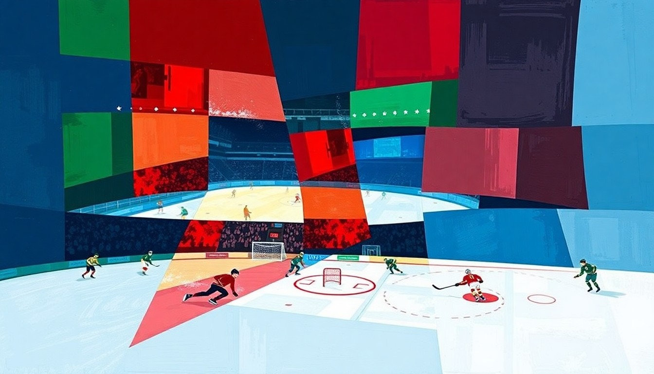 A fractured, multi-perspective painting in bold, geometric shapes and colors, conceptually representing various winter high school sports competitions.