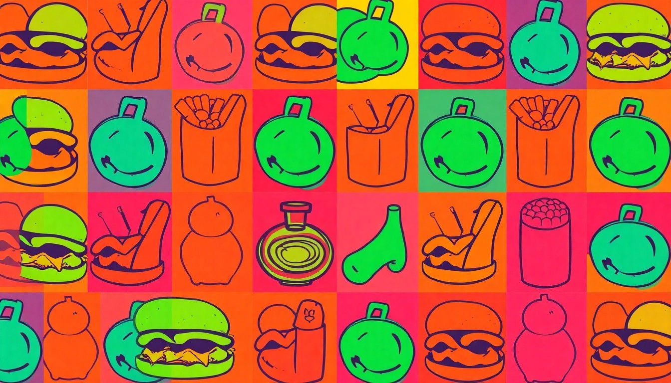 A highly stylized, abstract grid of a single iconic Louisville food item repeated in a pop art silkscreen style, using bold, neon colors and heavy black outlines to capture the energy and dynamism of the city's dining landscape.