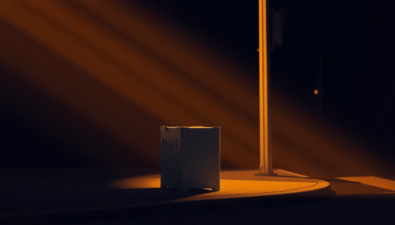 A solitary, weathered ballot box sits on a dimly lit street corner, its surface reflecting the warm, diagonal sunlight and deep shadows that create a cinematic, nostalgic mood, evoking the weight and importance of the democratic process.