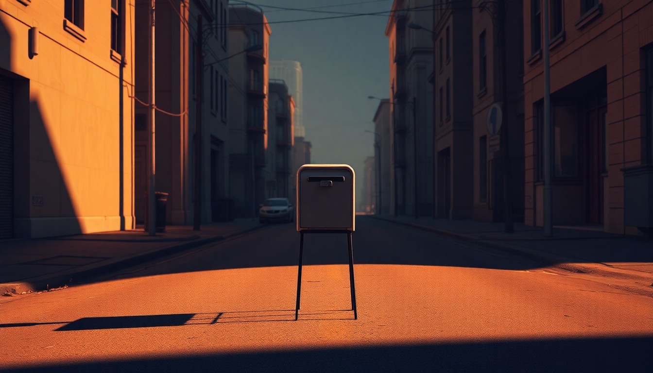 A photorealistic painting of a solitary mailbox standing alone on a deserted urban street, with warm, diagonal sunlight and deep shadows creating a sense of isolation and political disenfranchisement.