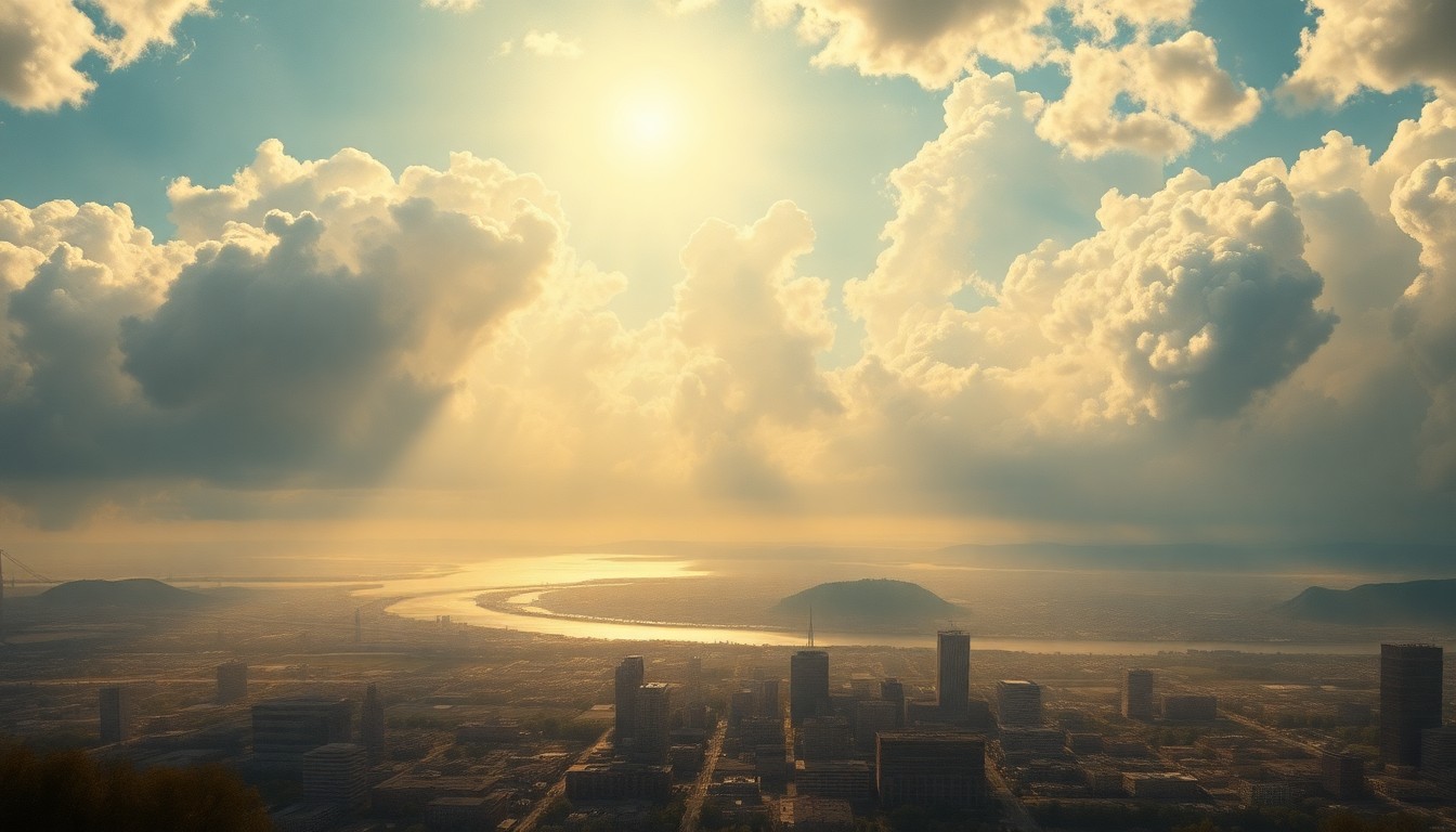 A sweeping, atmospheric landscape painting in muted tones of blue, gray, and gold, depicting the Baltimore skyline in the distance, partially obscured by dramatic clouds and hazy light, conveying a sense of the transient nature of human structures in the face of shifting weather patterns.