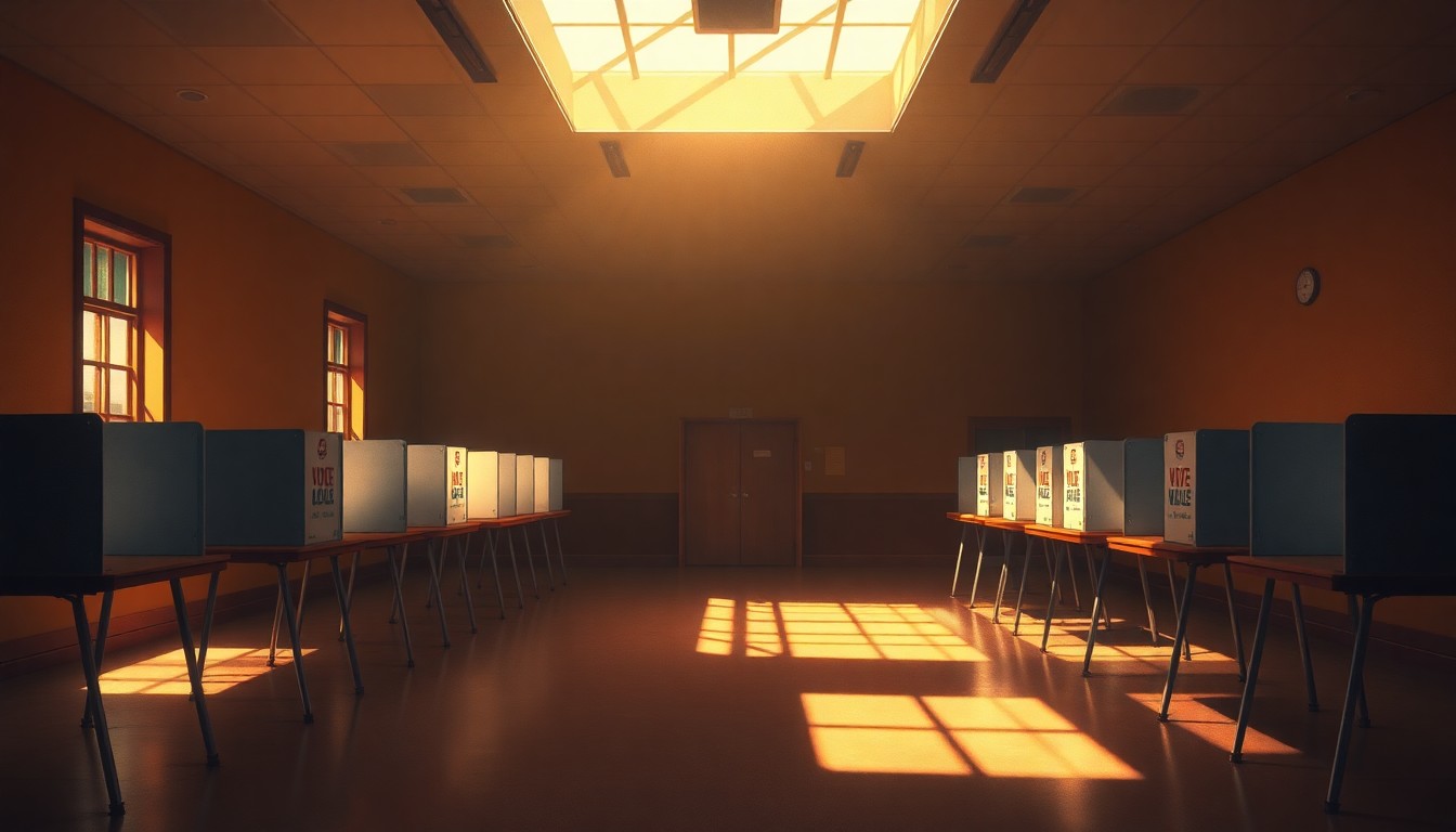 A dimly lit, cinematic interior scene of an empty polling station, with warm sunlight streaming in through the windows and casting deep shadows across the room, conveying a sense of quiet anticipation and civic duty.