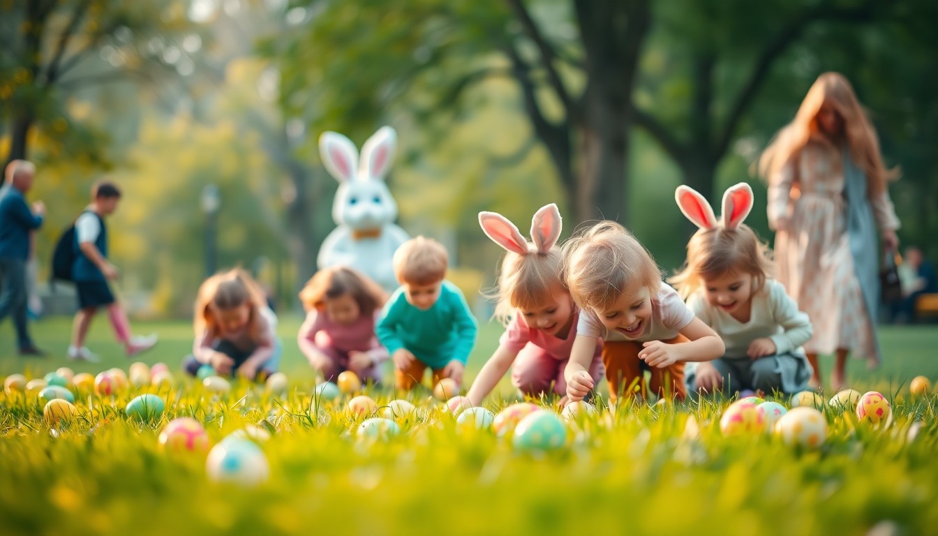 An abstract, out-of-focus photograph in soft, warm tones depicting children searching for Easter eggs in a grassy park, conceptually representing the community spirit and festive atmosphere of the annual event.