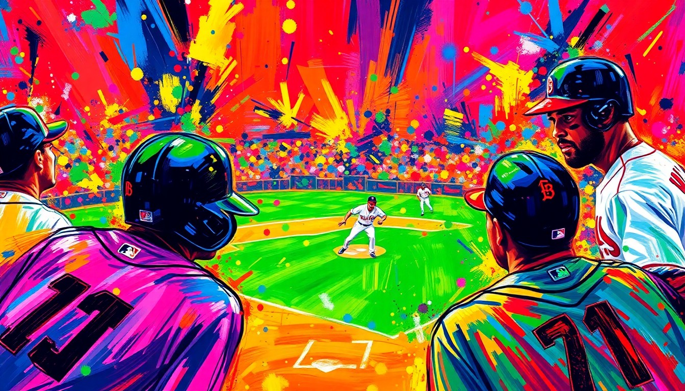 An abstract expressionist painting in vibrant neon colors, with rapid brushstrokes evoking the energy and movement of a baseball game, the players' forms dissolving into unrecognizable shapes and splatters.