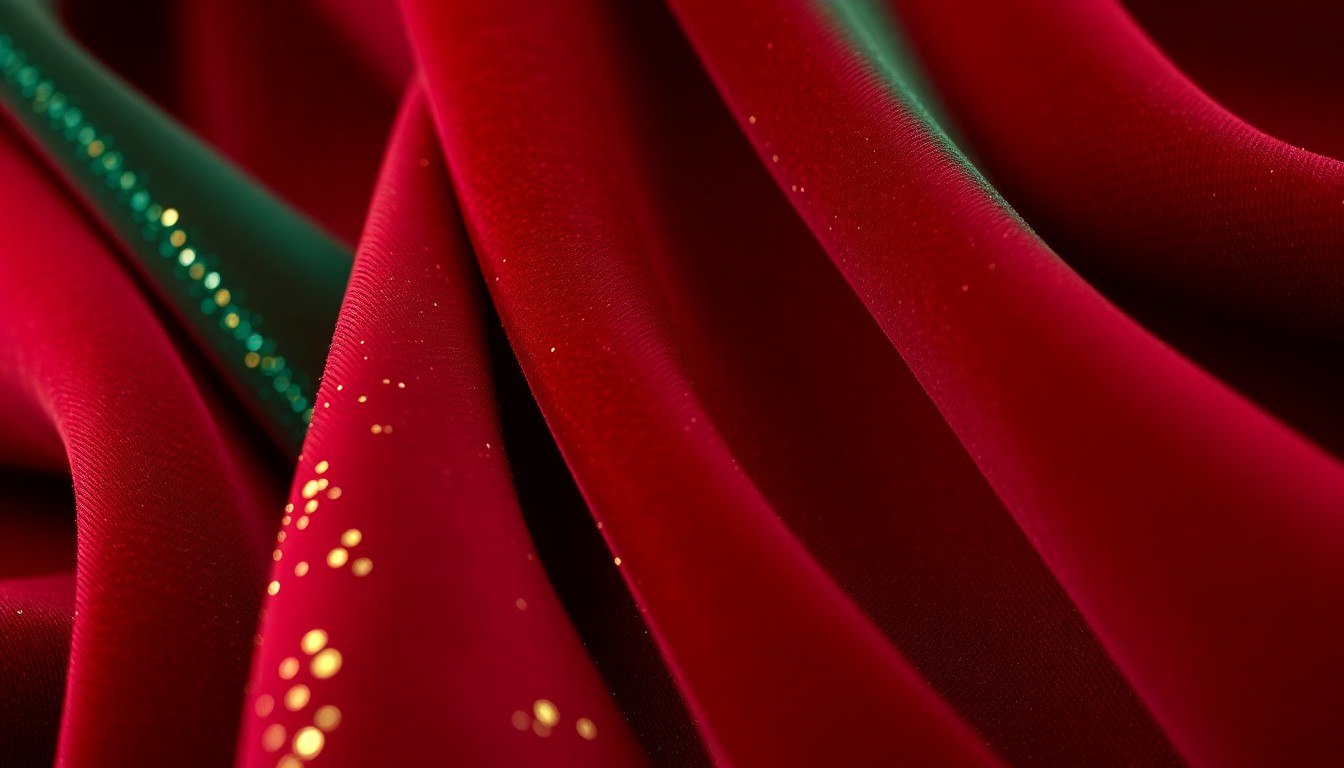 An extreme close-up photograph of luxurious fabric textures like plush velvet and shimmering sequins in rich, saturated colors, conceptually representing the glamour and sophistication of the Kelce-Hilfiger collaboration.