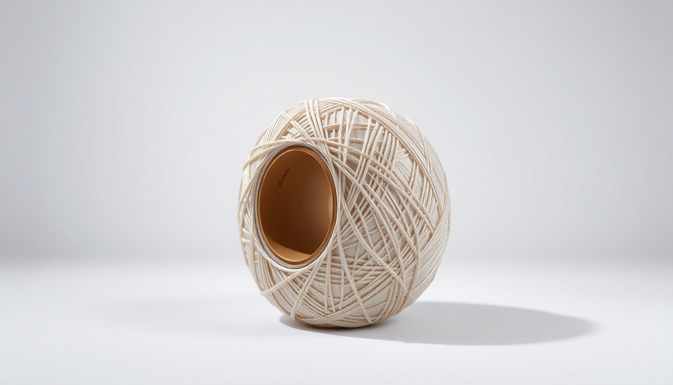 A photorealistic studio still-life photograph featuring a polished, geometric fiberglass yarn spool in a neutral color palette, arranged elegantly on a clean, monochromatic background with sharp, dramatic lighting to convey the precision and durability of the material.